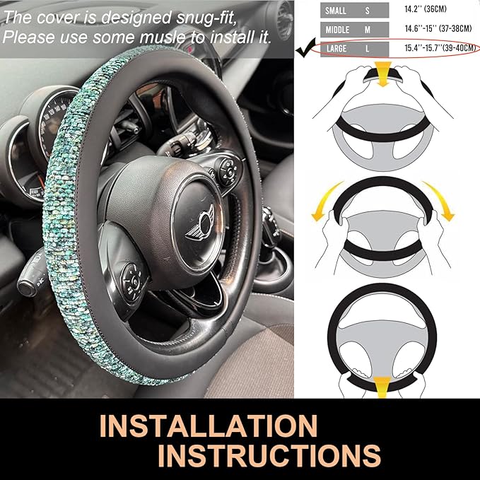 PINCTROT Large Size Chenille Leather Steering Wheel Cover, Soft Mottled Colors, Sweat-Proof, Non-Slip Grip, All-Season Comfort, 15.5-15.75 Inch(Mottled Teal)