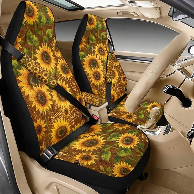 Qeluxign PU Leather Car Seat Covers Set - Includes 2 Seat Protectors, 2 Shoulder Pad Covers, 1 Armrest Cover for Car Decoration,Sunflower Music Notes Bee