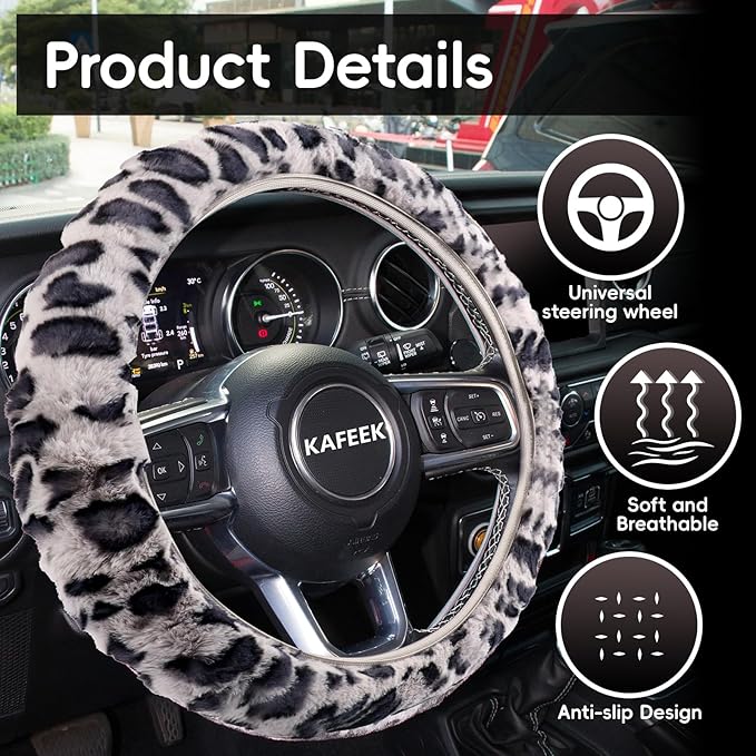 KAFEEK Elastic Long Microfiber Plush Steering Wheel Cover for Winter Warm, Universal 15 inch, Anti-Slip, Odorless, Leopard Gray