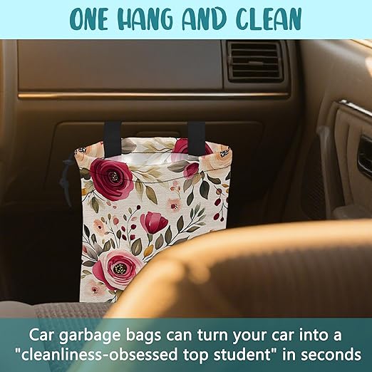KXWQTRDD Car Garbage Bag Vintage Red and Pink Floral Hanging Canvas Car Trash Bag Drawstring Car Back Seat Organizer for Car Back Front Seat Console with Adjustable Buckle