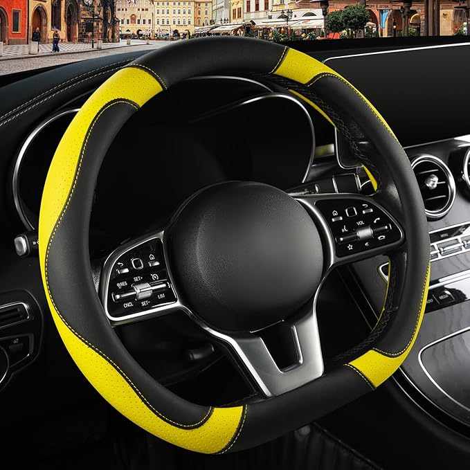 Binsheo Microfiber Leather D Shaped Steering Wheel Cover, Breathable, Anti Slip, Universal 15 inch, Black with Yellow
