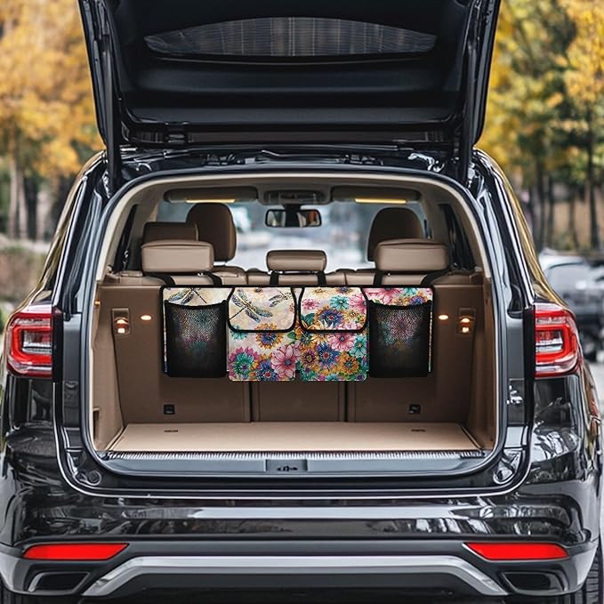 CLOHOMIN Dragonfly Car Trunk Organizer SUV Trunk Organizer Dahlia Car Backseat Storage Bag with 4 Pockets Hanging Backseat Organizer with Adjustable Straps Auto Accessories