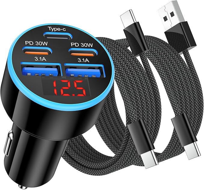 [5 in 1] USB C Car Charger, 5-Port 90W Fast Charging Cigarette Lighter Adapter with USBC Cable,Dual 30W USBC & USB-A Multiport Car Phone Charger with Voltmeter for iPhone 17/16/15 Pro Max,iPad,Galaxy