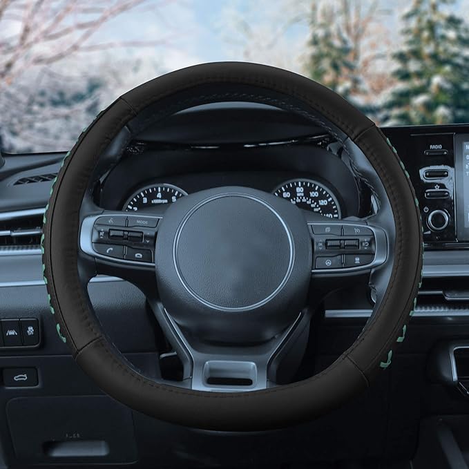 FH Group Universal Fit 15 Inch Genuine Leather with Lace-Up Detailing Steering Wheel Cover fits Most Cars, SUVs Mint