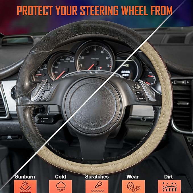 CAR PASS Wood Grain 14.5-15 inch Microfiber Leather Steering Wheel Cover, Anti-Slip Veins Design Steering Wheel Universal Fit for Most Cars, Sedans, SUVs, MiniVans, Small Trusks, Beige