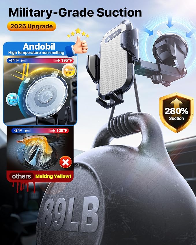 andobil Car Phone Holder, 2026 Military-Grade 89lbs Strongest Suction Phone Holders for Your Car Dashboard/Windshield/Vent Easy Clamp Cellphone Holder Truck Stand for iPhone 17 16 15 Pro Samsung Grey