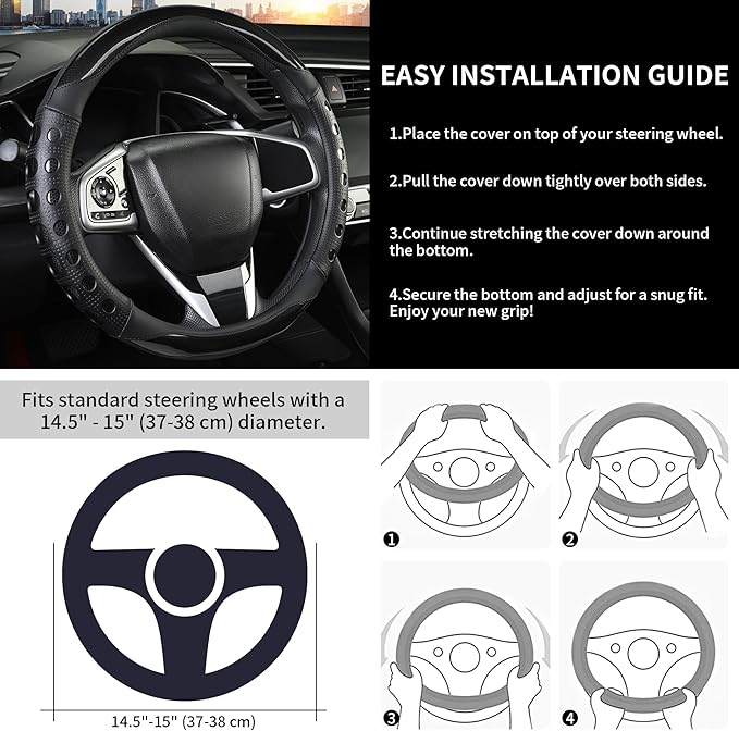 QCYP PU Leather Car Steering Wheel Cover with Anti-Slip Grip, for Women and Men, Universal Fit for 14.5-15 Inch Cars, Trucks, SUVs (Black (Round), Medium(Standard) Size[14 1/2''-15''])