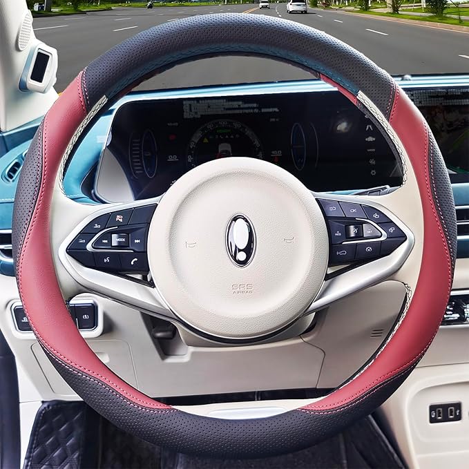 Universal Car Microfiber Leather Steering Wheel Cover Anti-Slip for 14.5"-15" (Black-Wine)