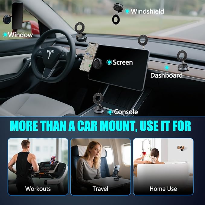 Magnetic Vacuum Phone Holder for Car – Adjustable 360° Strong Suction Mount, MagSafe Compatible Car Mount, iPhone Holder for Dashboard & Windshield, Adsorption Stand for iPhone & Samsung Smartphones