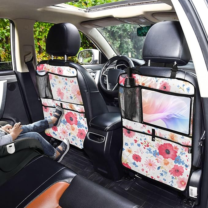 JIPONI Car Backseat Organizer, Color Red Flower Automotive Back Seat Protector, Kick Mats with Storage Pockets for Kids Pets, Road Trip Accessories
