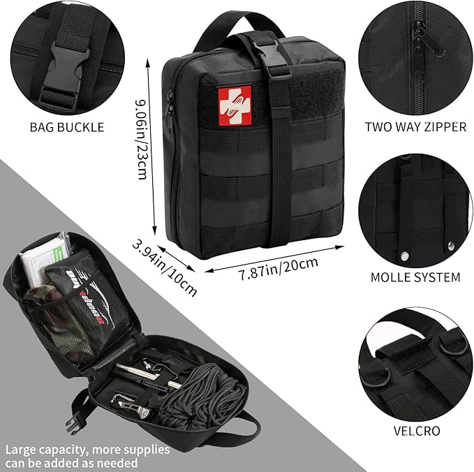 GPUSFAK Emergency Survival Kit and First Aid Kit, Camping First Aid Survival Kit with Molle Pouch for Preparedness Outdoor Adventure, Black