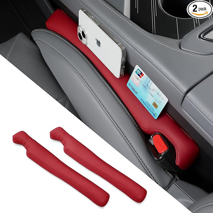 POKSRI Car seat Gap Filler, 2 Pack Leather Gap Organizers Stop Things from Dropping into The Gap Between seat and Console, Adjustable Width 1.4-2.4 inches Fits Most car/Truck/SUV, Accessories(Wine)