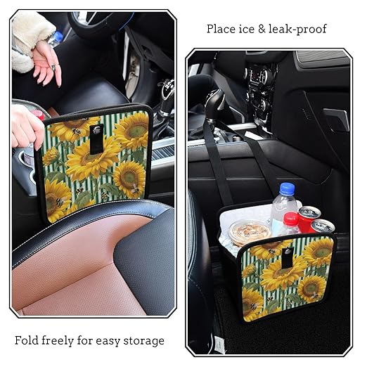 Car Trash Can Organizer Bin with Adjustable Strap for Back Front Seat Console Waterproof Leakproof Collapsible Portable 8.66 Inch Green Striped Sunflowers and Honey Bees