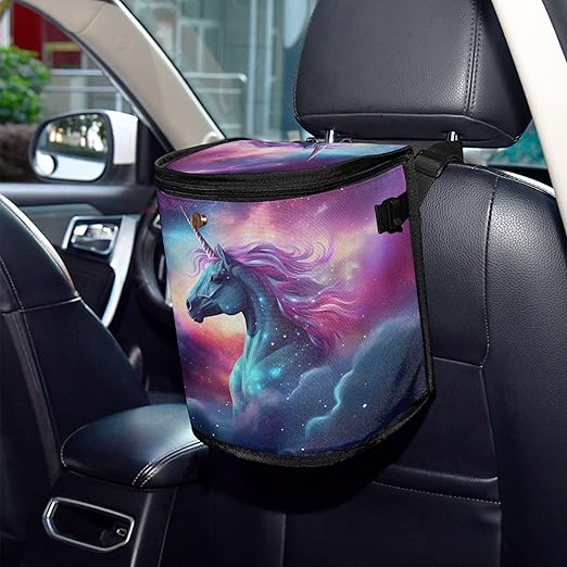 MNSRUU Car Trash Can with Lid, Unicorn Starry Sky Car Trash Bag Hanging Organizers and Storage for Front Back Seat, Leak-Proof Trash Bin