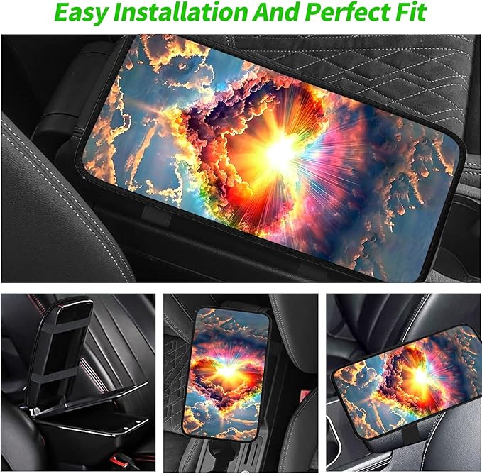 JANENFNA Car Armrest Cover Pads Universal Fashion Cute Auto Center Console Armrest Cover Pad with 2PCS Car Coasters Soft Waterproof Car Armrest Seat Protector for Women,Rainbow Heart Clouds