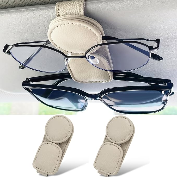 KIWEN 2 Pack Sunglasses Holder for Car Visor, Magnetic Leather Sunglass Eyeglass Hanger Clip for Car Sun Visor Accessories (2, Red)