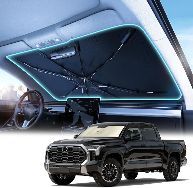 Nmoiss Windshield Sun Shade Umbrella for Toyota Tundra - [Vinyl Coating Heat Shield] Protect Car from Sun Rays & Heat Damage Keep Cool and Protect Interior for Toyota Tundra