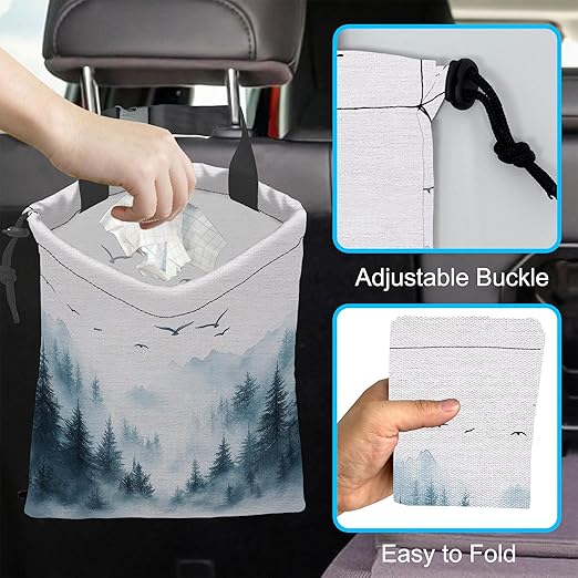 ghatobty Car Trash Bag Hanging Misty Forest and Birds Car Trash Can Waterproof Garbage Bag Hanging for Car Back Seat