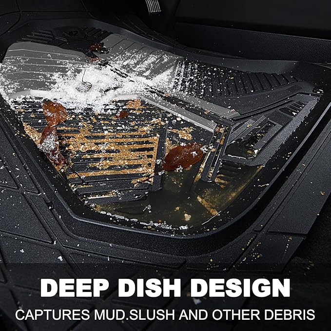 CAR PASS Heavy Duty Rubber Car Mats, Deep Dish Car Floor Mats All Weather, Car Mats Full Set 4-Piece Trim to Fit for Sedans SUVs Trucks, Waterproof Anti-Slip Automotive Mats, V12 Black and Gray