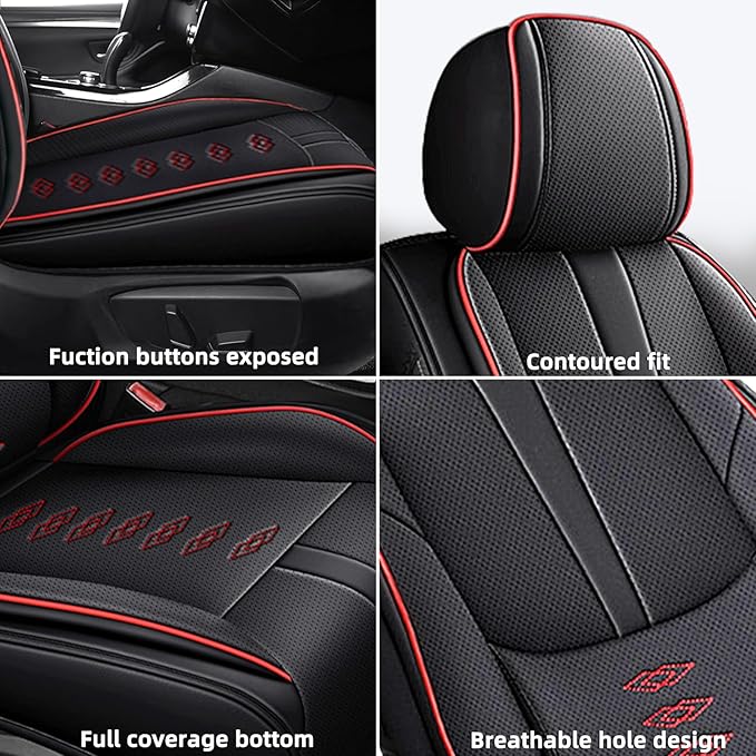 Premium Universal Car Seat Cover, Comfortable Leather Seat Cover for 96% of Models, Waterproof Car Seats Protectors Cushions for 2 Seats(Black+Red,Pillows)