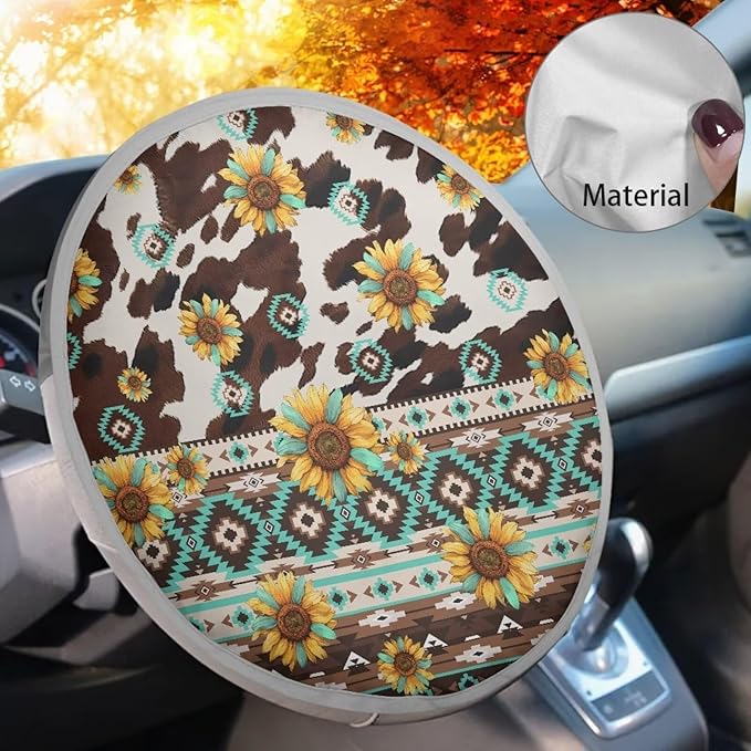 Universal Car Steering Wheel Sun Shade Cover Easy to Install Aztec Tribal Brown Cow Sunflower Pattern Steering Wheel Sun Cover Steering Wheel Sun Heat Shield for Car SUV Truck Van