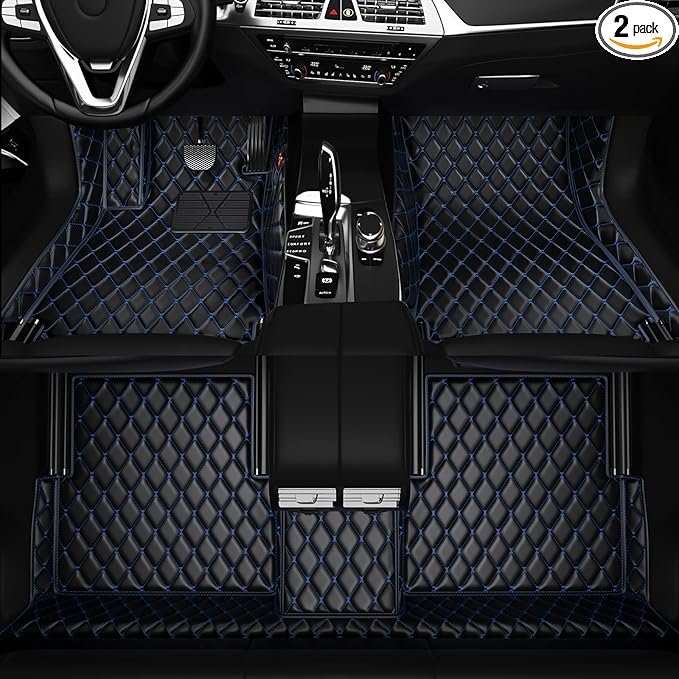 All-Weather car Floor MATS-Suitable for 99% of car Models,Leather car mat, offering Personalized Embroidery and Multiple Color Options,Provide Protection for car Rug (Black Blue)