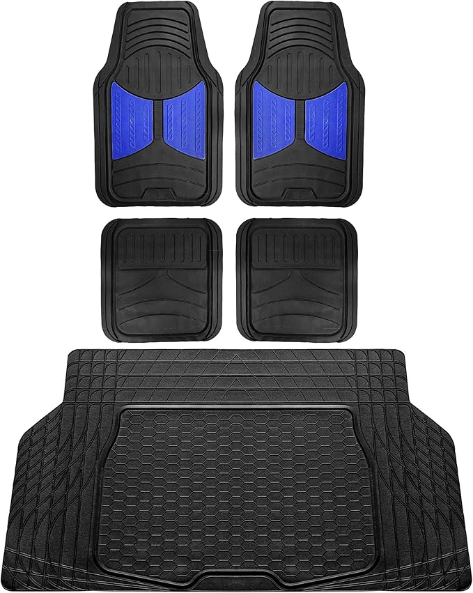 FH Group Monster Eye Full Set Rubber Floor Mats w. Trimmable Vinyl Trunk Liner/Cargo Mat Black- Fit Most Car, Truck, SUV, or Van (Blue/Black) F11313- F16403