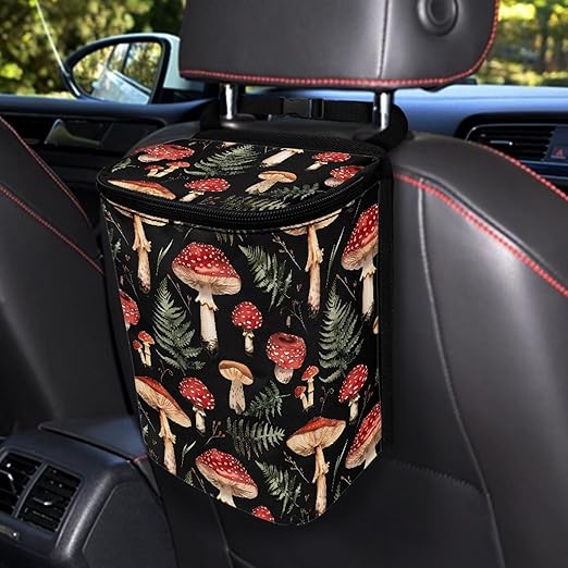 Car Accessories Back Seat Multipurpose Car Trash Can with Lid, Leak Proof Waterproof Hanging Car Garbage Can for Road Trip Travel, Mushroom Print