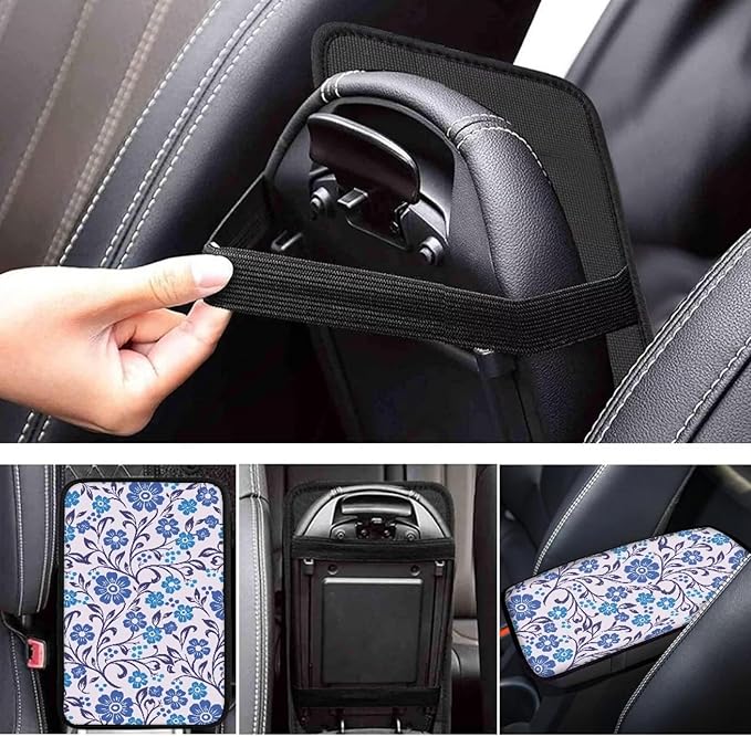 Blue Flower Car Center Console Armrest Pad Cushion Daisy Floral Cars Accessories Breathable Soft Car Center Console Cover Seat Box Cover for Sedan, Van, SUV, Trucks