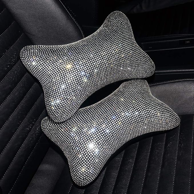 2 Pack Car Neck Pillow for Driving Seat Auto Headrest Cushion Head Rest Neck Support Relax Crystal Rhinestone Diamond Interior Bling Accessories for Women Girly Comfortable White