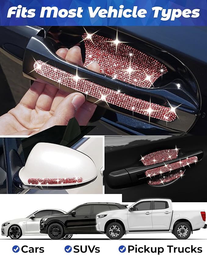 Bling Car Door Handle Protector, 10 PCS, Red Sparkling Rhinestone Cars Door Protective Cover, Anti-Scratch Auto Handles Sticker, Universal Bling Car Accessories for Women