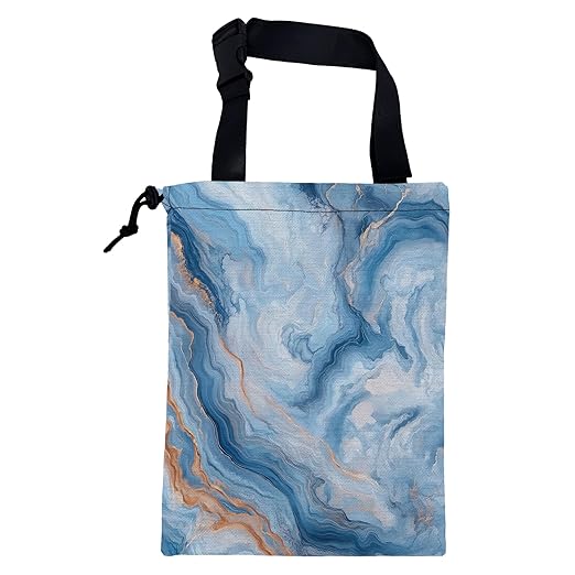 KXWQTRDD Car Garbage Bag Abstract Blue and Gold Marble Drawstring Car Trash Bag Hanging for Back Seat with Adjustable Buckle Canvas Vehicle Trash Can Easy-to-Install