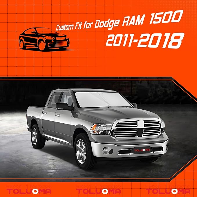 Toluoma Custom Fit Windshield Sun Shade for Dodge RAM 1500 2011-2018 - Full Coverage, 210T Reflective Fabric, Double-Layer Design - Blocks 99% UV Rays, Keeps Car Cool, Easy to Install and Store