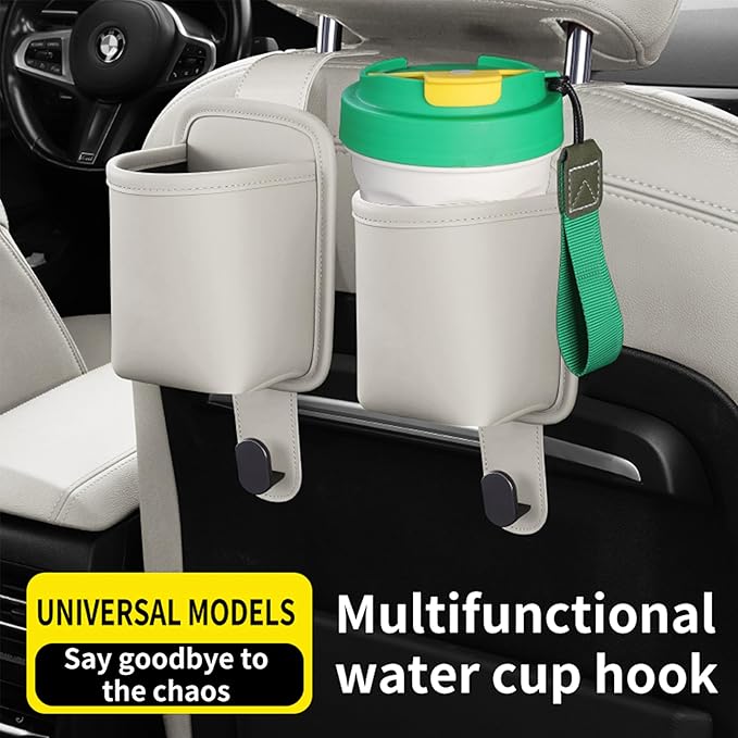 2-Pack Car Seat Back Cup Holder Organizer, Faux Leather Car Cup Holders with Hooks, Universal Backseat Storage for Drinks, Bottles & Travel Accessories (White)