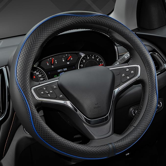 West Llama Microfiber Leather Car Steering Wheel Cover for Chevy Silverado,Tahoe,Equinox,Traverse,Trailblazer,Colorado (Black+Blue Line - Standard Size)