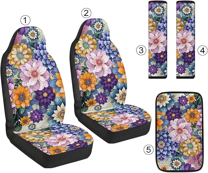 Qeluxign Automotive Seat Covers Colorful Hippie Flower 5 Piece Universal Fit Car Accessories with Soft 2 Pack Seat Belt Cover Pads and Center Console Armrest Covers for SUV Truck Interior Set