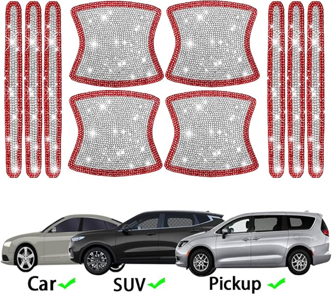 BetterJonny 10PCS Crystal Car Door Handle Scratches Protector, Rhinestone Car Door Handle Stickers Bling Car Door Handle Scratch Protector Stickers for Women and Girls Car Stickers (Red+White)