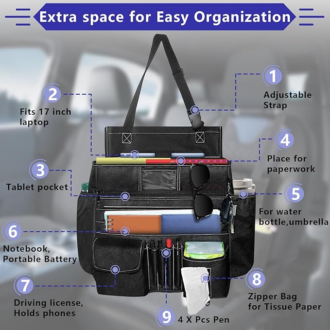 LIWSHWZ Seat Organizer Front Seat,Patrol Bag Law Enforcement with Large Storage,Universal Fit for Front & Back Seats,Dedicated Tablet and 17 Inch Laptop Storage,for Truck Office, Police,Black