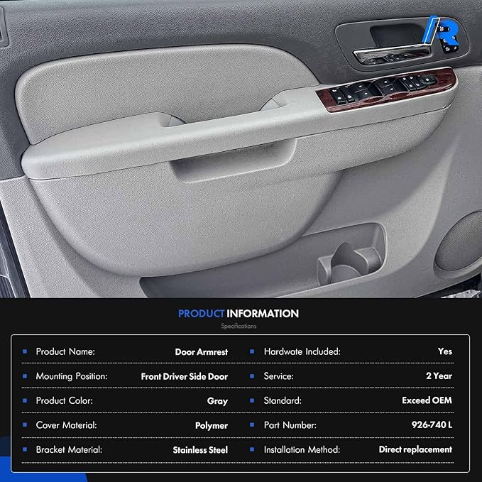 926-740 Front Left Driver Side Armrest Repair Kit Fit for Chevy Silverado Suburban Tahoe Avalanche For GMC Sierra Yukon 2010-2014 Door Panel with Release Handle Above Armrest 27In - Gray -GM# 84127281