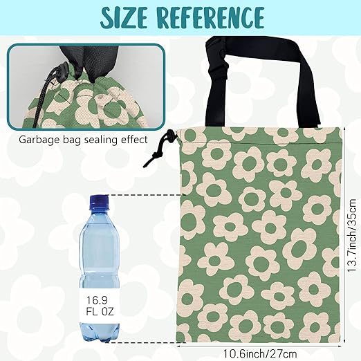 KXWQTRDD Car Garbage Bag Vintage Green Groovy Flowers Drawstring Car Trash Bag Hanging for Back Seat with Adjustable Buckle Canvas Vehicle Trash Can Easy-to-Install