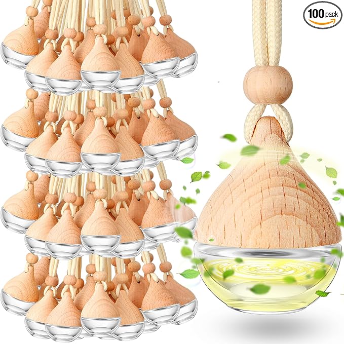 Rtteri 100 Pcs Hanging Car Air Freshener Diffuser Bottles Empty Glass Perfume Diffuser Vials Refillable Oil Aromatherapy Pendant with Wooden Caps and Hanging String for Car Home Office Decor(Drop)