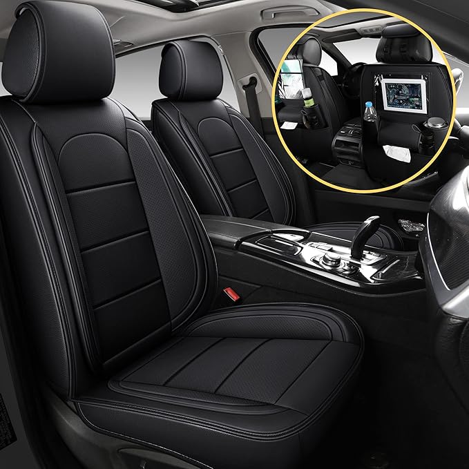 AOOG Leather Car Seat Covers with Car Backseat Organizer, Universal fit Automotive Vehicle Most Sedan SUV Pick-up Truck (Full Set, Black)