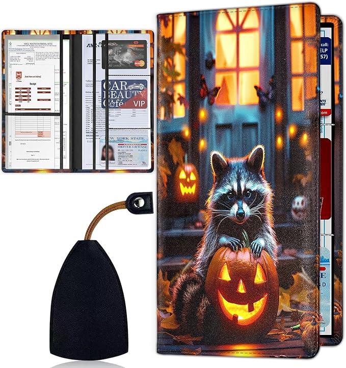 Car Registration Holder, Waterproof PU Leather Vehicle Card Document Glove Box Organizer, Women Interior Auto Accessories Case for Cards, Driver License Car Insurance Holder, A Raccoon and Pumpkin