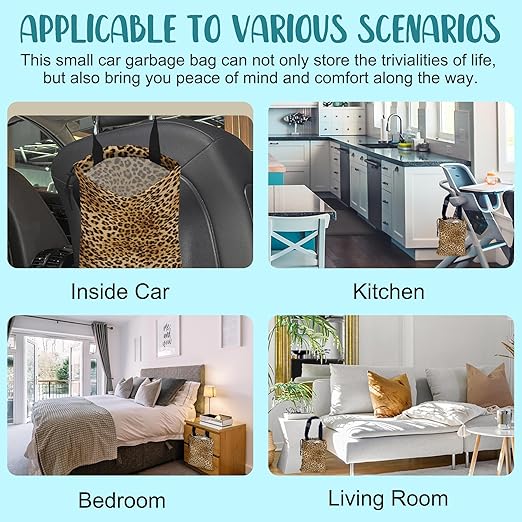 KXWQTRDD Car Trash Bag Brown Leopard Leak-Proof Waterproof Car Garbage Bag with Drawstring Foldable Canvas Trash Bin with Adjustable Buckle for Car Accessories, Travelling, Camping