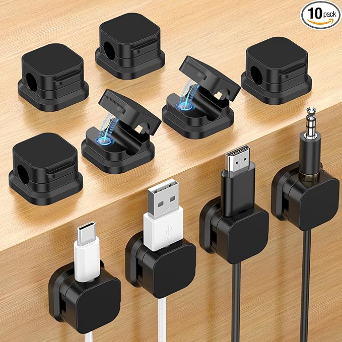 10 Pack Magnetic Cable Clips, Cord Organizer Holder with Strong Adhesive, Desk Cable Management for Home Office Car Desktop Nightstand, Adjustable Wire Keeper (Black)