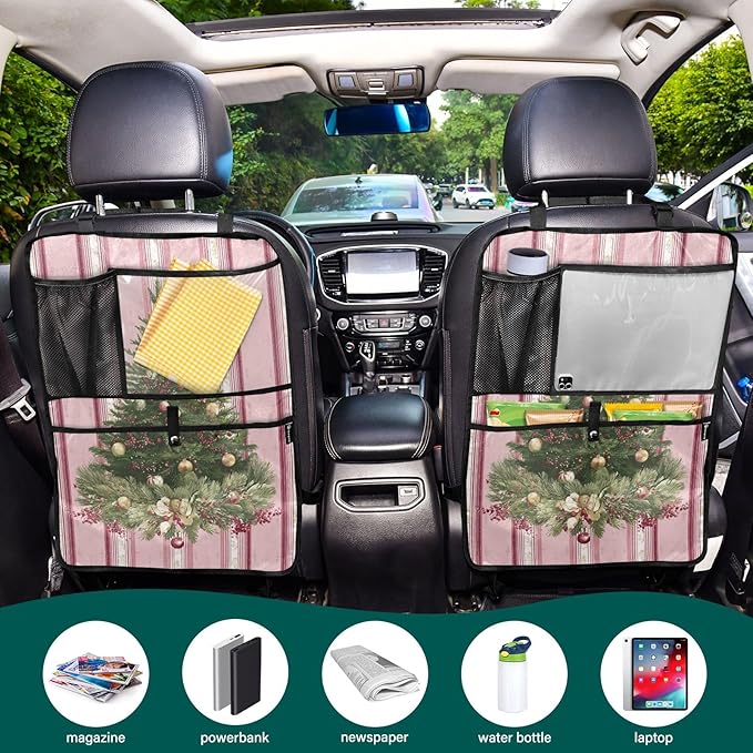 2 Pack Back Seat Car Organizer with Storage Pockets Kick Mats Back Seat Protector Hanging Car Organizer Automotive Seat Back Cover Organizers Cute Pink Striped Christmas Tree