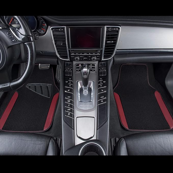 CAR PASS Waterproof Universal Fit Car Floor Mats, Car Mats Fit for SUV,Vans,sedans, Trucks,Set of 4pcs Car Carpet with Driver Heel Pad（Black and Burgundy）