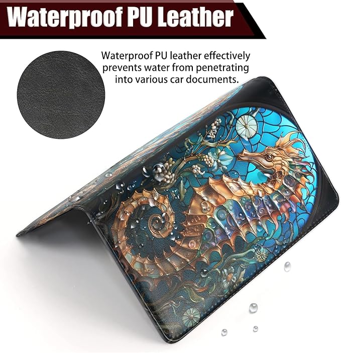 Car Registration and Insurance Holder, PU Leather Auto Document Holder for Men&Women, Vehicle Glove Box Compartment Organizer with Magnetic Shut for Driver's License, Vintage Seahorse Pattern