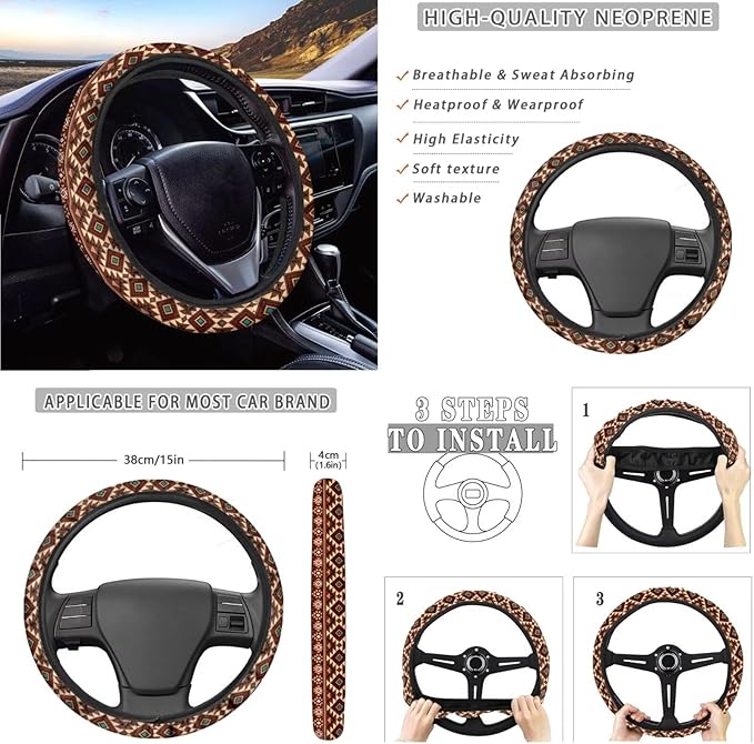 Horse Aztec Printed Car Accessories Sets for Women, Universal Front and Rear Split Bench Seat Covers for Cars with Matching Steering Wheel Cover Trash Can Air Vent Storage Bag Coaster
