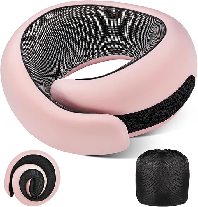 4litamz Travel Neck Pillows, 100% Memory Foam Filling, Travel Pillows for Airplanes, Compact and Ergonomic Design, Best for Sleeping Plane Train Travel Essentials (Light Pink)